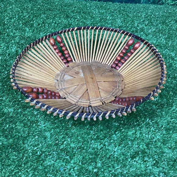 Vintage Japanese Bamboo Wicker Beaded Dish Bowl - Picture 1 of 9